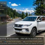 Luxury car rental in Kashmir 2026 - white Toyota Fortuner premium SUV with professional chauffeur, rates Innova Crysta ₹6,500-8,500, Fortuner ₹10,000-15,000, luxury tempo ₹12,000-22,000 per day