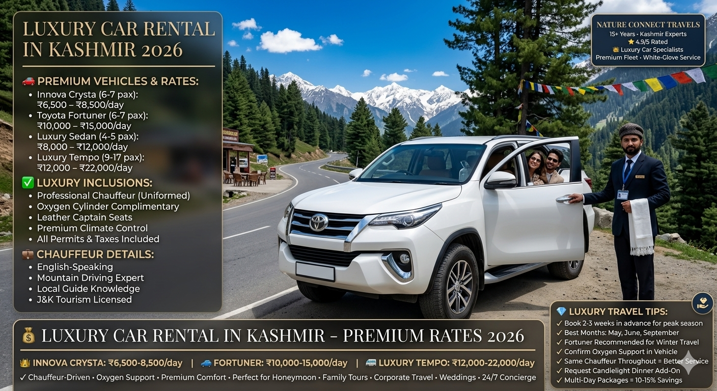 Luxury car rental in Kashmir 2026 - white Toyota Fortuner premium SUV with professional chauffeur, rates Innova Crysta ₹6,500-8,500, Fortuner ₹10,000-15,000, luxury tempo ₹12,000-22,000 per day