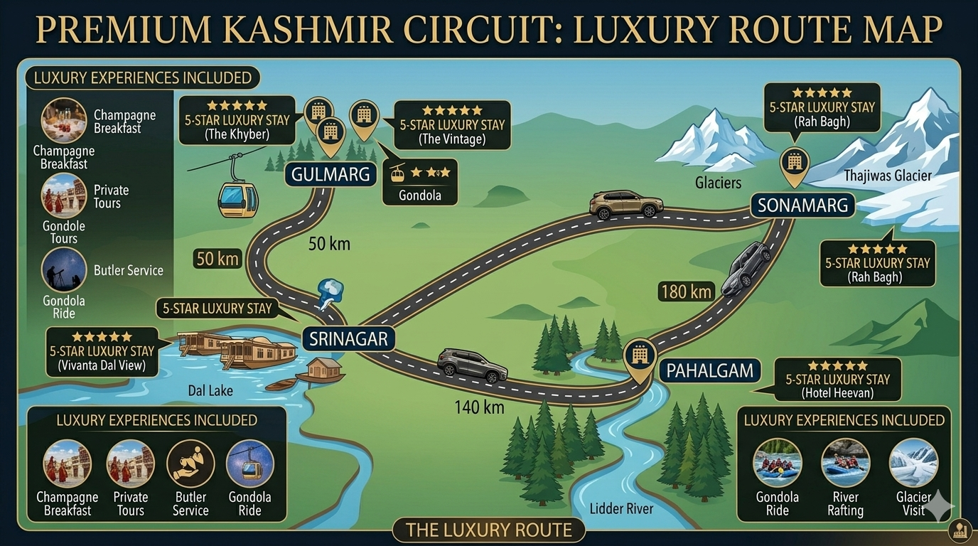 Luxury car rental in Kashmir route map - premium Srinagar to Gulmarg, Pahalgam, Sonamarg circuit with distances