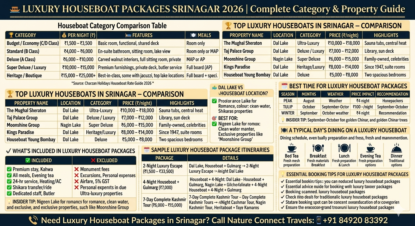Luxury houseboat packages Srinagar 2026 comparison - deluxe ₹6,000-10,000, super deluxe ₹10,000-15,000, heritage ₹15,000-25,000+, top properties Mughal Sheraton, Taj Palace, Moonshine, Dal Lake vs Nigeen Lake comparison, package inclusions, sample itineraries, best time guide, dining experience

