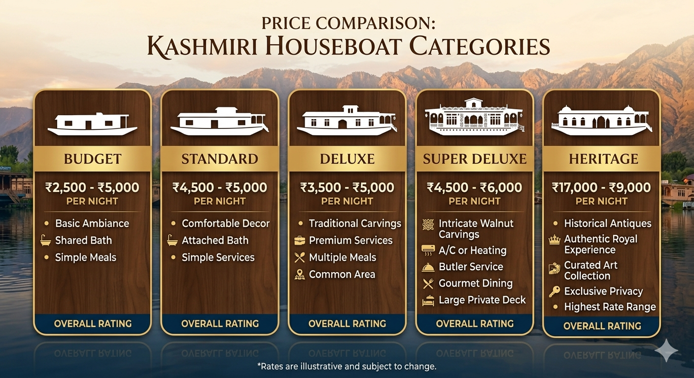 Luxury houseboat packages Srinagar 2026 - price comparison chart for all houseboat categories