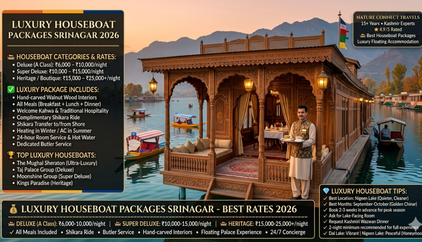 Luxury houseboat packages Srinagar 2026 - royal walnut wood heritage houseboat on Dal Lake at sunset with butler serving Kahwa, deluxe ₹6,000-10,000, super deluxe ₹10,000-15,000, heritage ₹15,000-25,000+ per night
