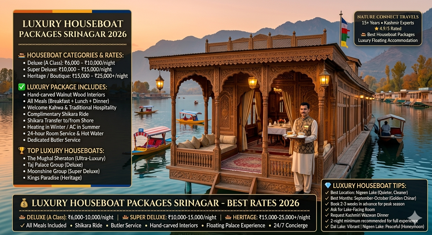 Luxury houseboat packages Srinagar 2026 - royal walnut wood heritage houseboat on Dal Lake at sunset with butler serving Kahwa, deluxe ₹6,000-10,000, super deluxe ₹10,000-15,000, heritage ₹15,000-25,000+ per night
