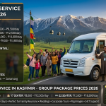 Mini bus cab service in Kashmir 2026 - luxury tempo traveller with happy group at Gulmarg meadow, daily rates 12 seater ₹5,500-8,500, 17 seater ₹8,000-12,500, 22 seater ₹12,000-18,000, Urbania luxury ₹9,000-13,500