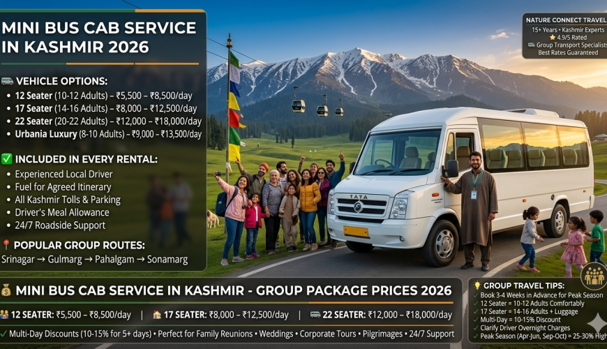 Mini bus cab service in Kashmir 2026 - luxury tempo traveller with happy group at Gulmarg meadow, daily rates 12 seater ₹5,500-8,500, 17 seater ₹8,000-12,500, 22 seater ₹12,000-18,000, Urbania luxury ₹9,000-13,500