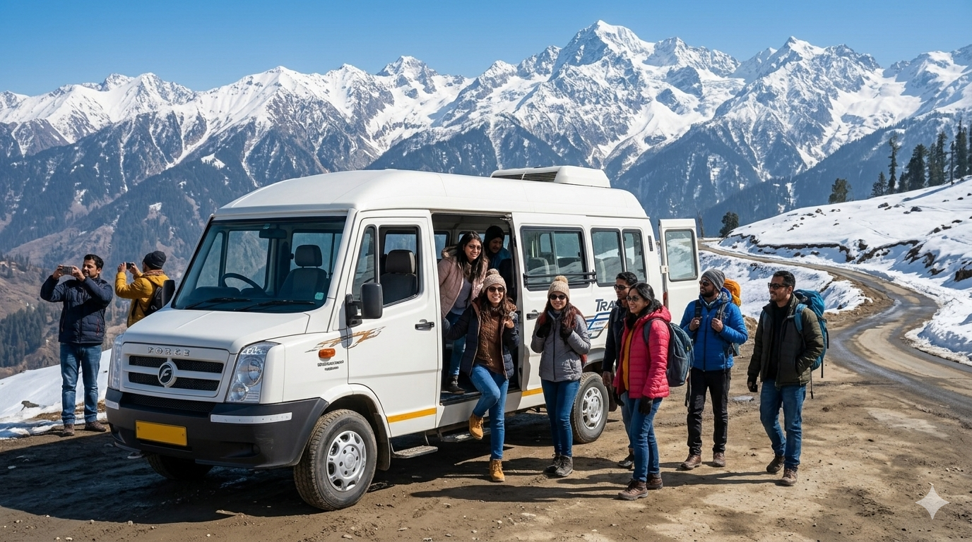 Mini bus cab service in Kashmir 2026 - luxury tempo traveller at Gulmarg with happy group