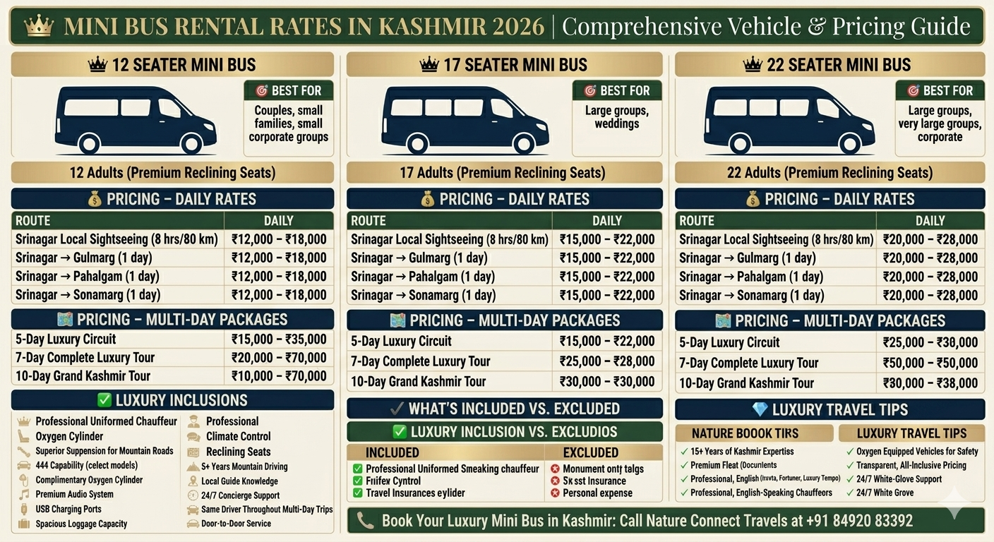 Mini bus cab service in Kashmir 2026 - price comparison chart for 12, 17, and 22 seater vehicles