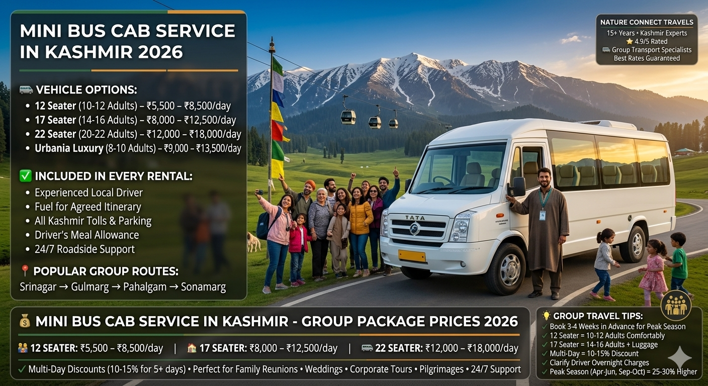 Mini bus cab service in Kashmir 2026 - luxury tempo traveller with happy group at Gulmarg meadow, daily rates 12 seater ₹5,500-8,500, 17 seater ₹8,000-12,500, 22 seater ₹12,000-18,000, Urbania luxury ₹9,000-13,500