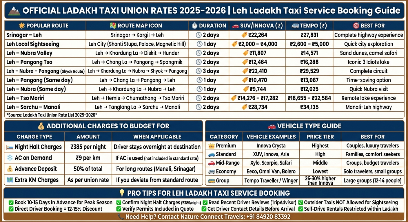 Leh Ladakh Taxi Service Booking 2026 | Best Rates @ ₹9,744 10 Official Ladakh Taxi Union rates 2026 - complete price comparison chart for Leh to Nubra, Pangong, Tso Moriri, and Manali routes with SUV and tempo traveller rates