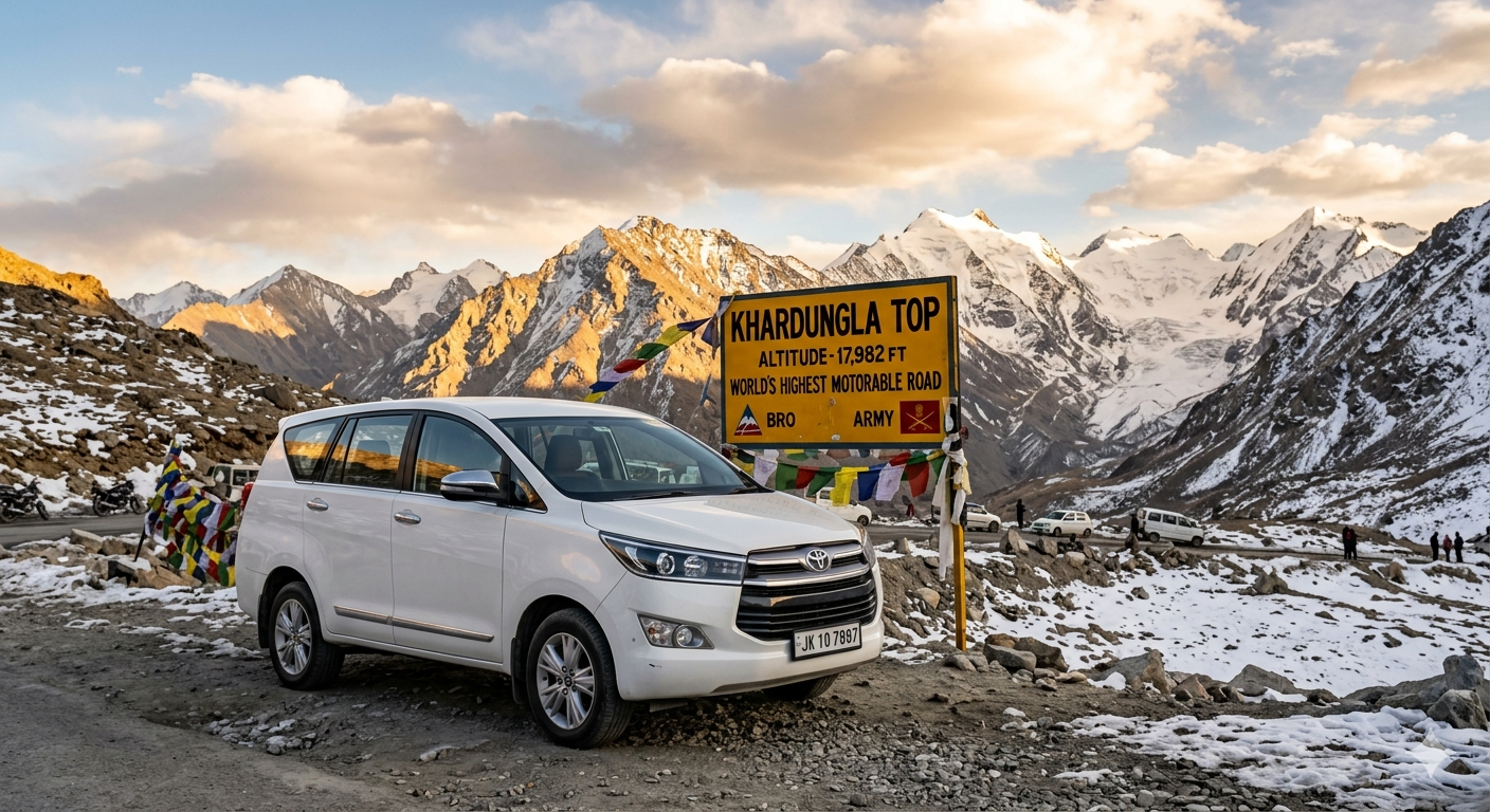 Premium Ladakh tour packages from Delhi 2026 - luxury SUV at Khardung La pass