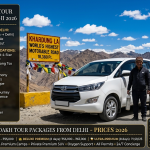 Premium Ladakh tour packages from Delhi 2026 - white Innova Crysta premium SUV and driver at Khardung La pass with oxygen cylinder, packages ₹45,000-1,59,125 for 7-8 day tours including flights, 4-star stays