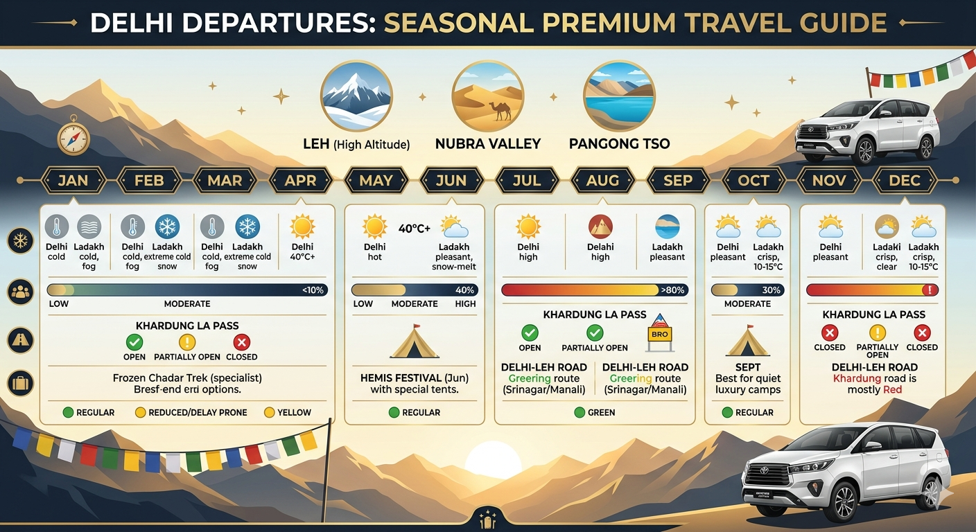 Premium Ladakh tour packages from Delhi - best time guide with seasonal weather and crowd information
