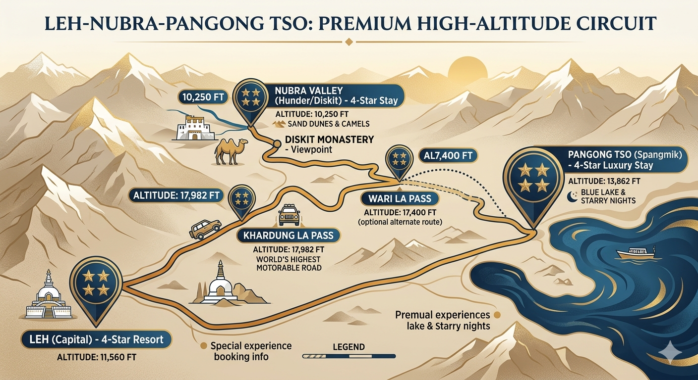 Premium Ladakh tour packages from Delhi - premium circuit map with deluxe accommodation markers