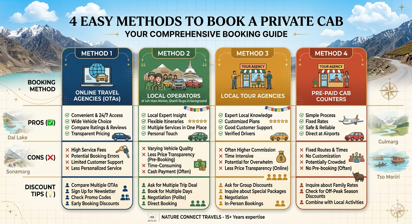 Private cab booking Leh Ladakh guide - four booking methods compared with discounts