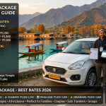 Srinagar cab package 2026 - white sedan taxi at Dal Lake Boulevard with verified Kashmiri driver, local sightseeing ₹2,500-3,100, Gulmarg ₹2,800-3,200, Pahalgam ₹3,000-3,800, Sonamarg ₹3,000-3,800