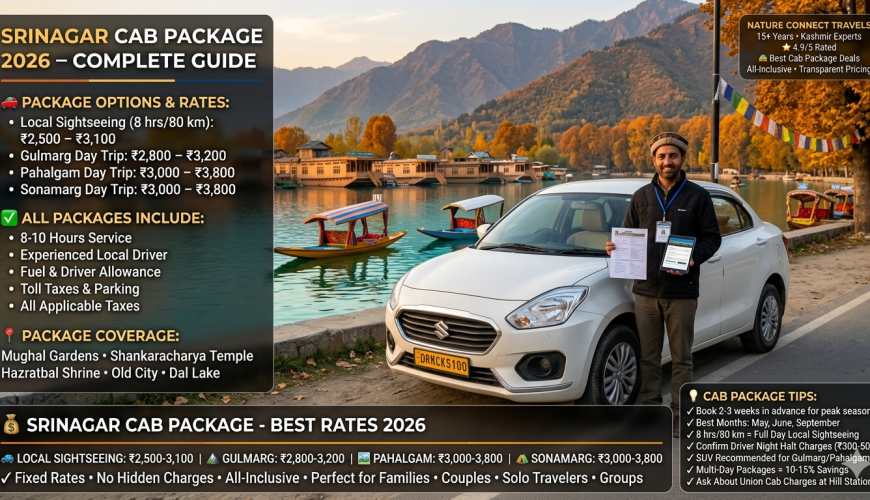 Srinagar cab package 2026 - white sedan taxi at Dal Lake Boulevard with verified Kashmiri driver, local sightseeing ₹2,500-3,100, Gulmarg ₹2,800-3,200, Pahalgam ₹3,000-3,800, Sonamarg ₹3,000-3,800