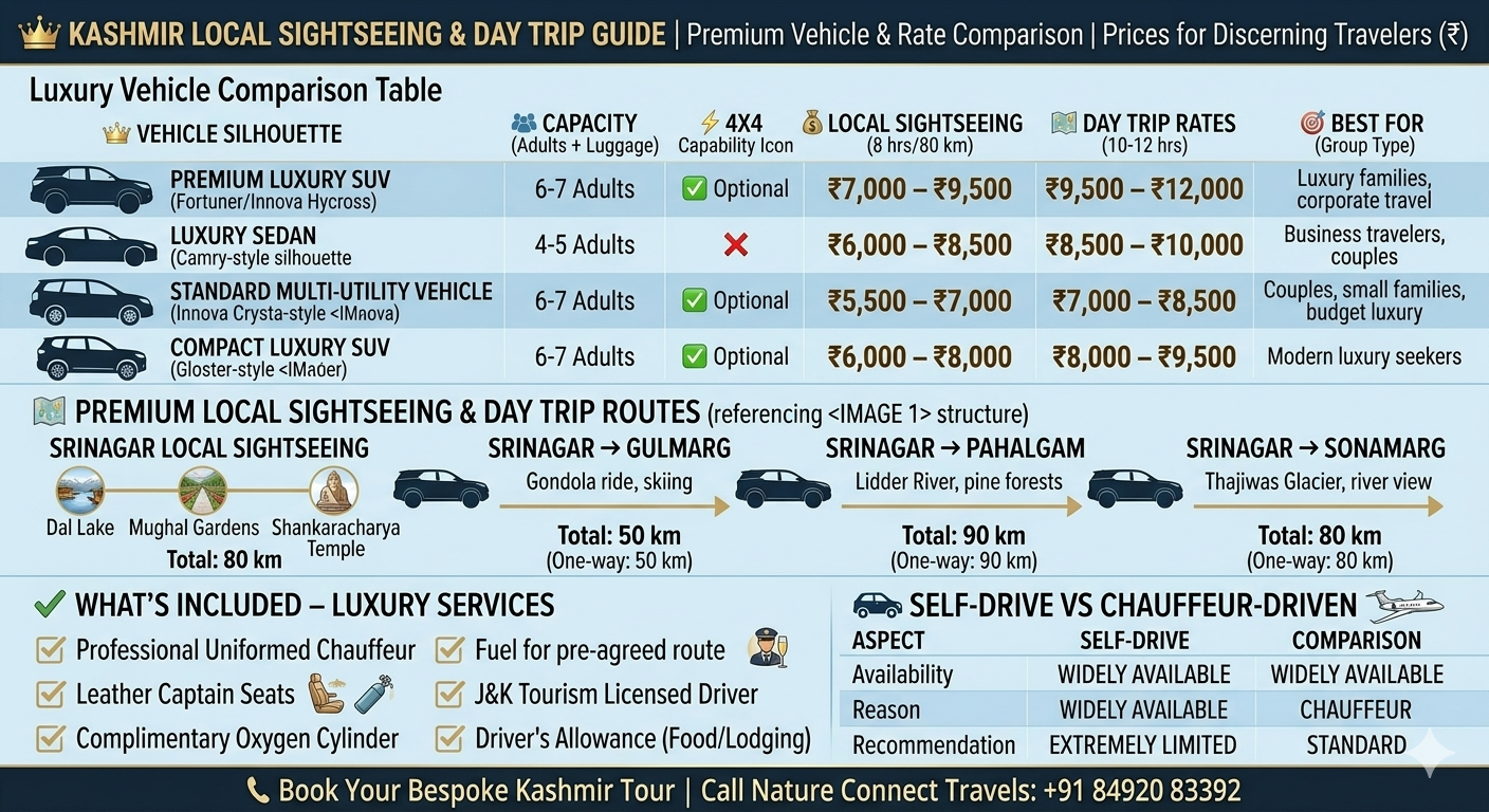 Srinagar cab package 2026 - price comparison chart for hatchback, sedan, SUV, and tempo traveller