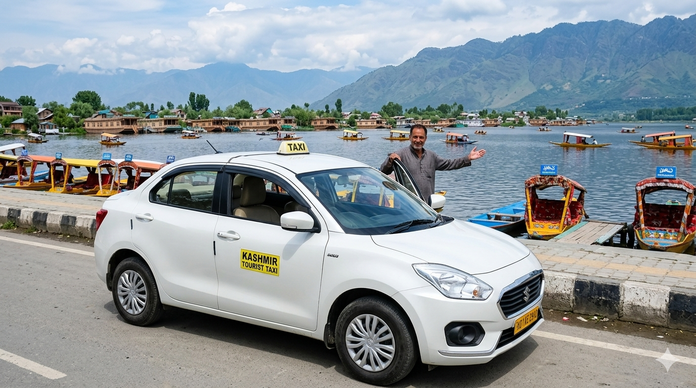 Srinagar cab package 2026 - sedan taxi at Dal Lake Boulevard for local sightseeing