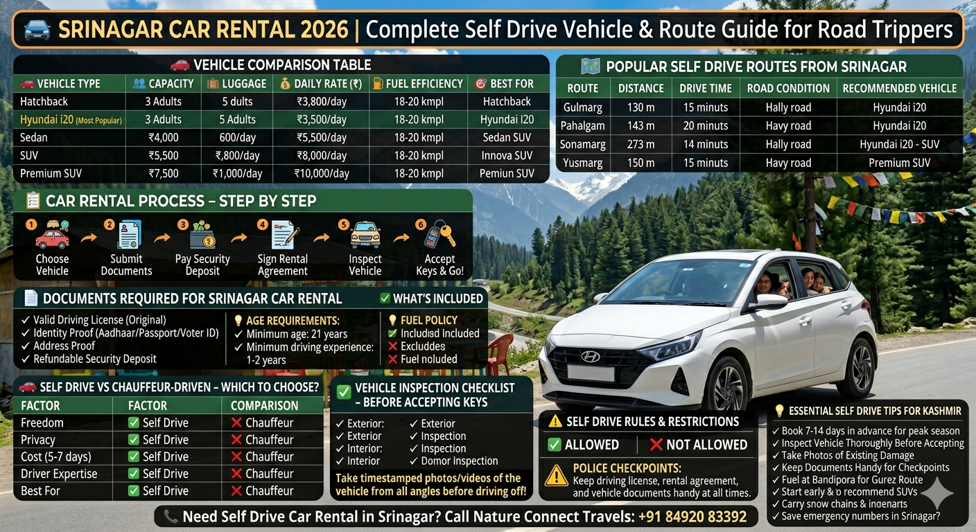 Srinagar car rental 2026 comparison - hatchback ₹2,800-3,500, Hyundai i20 ₹3,500, sedan ₹4,000-5,500, SUV ₹5,500-8,000, popular self drive routes Gulmarg 52km, Pahalgam 96km, Sonamarg 85km, rental process steps, document checklist, self drive vs chauffeur comparison, vehicle inspection checklist

