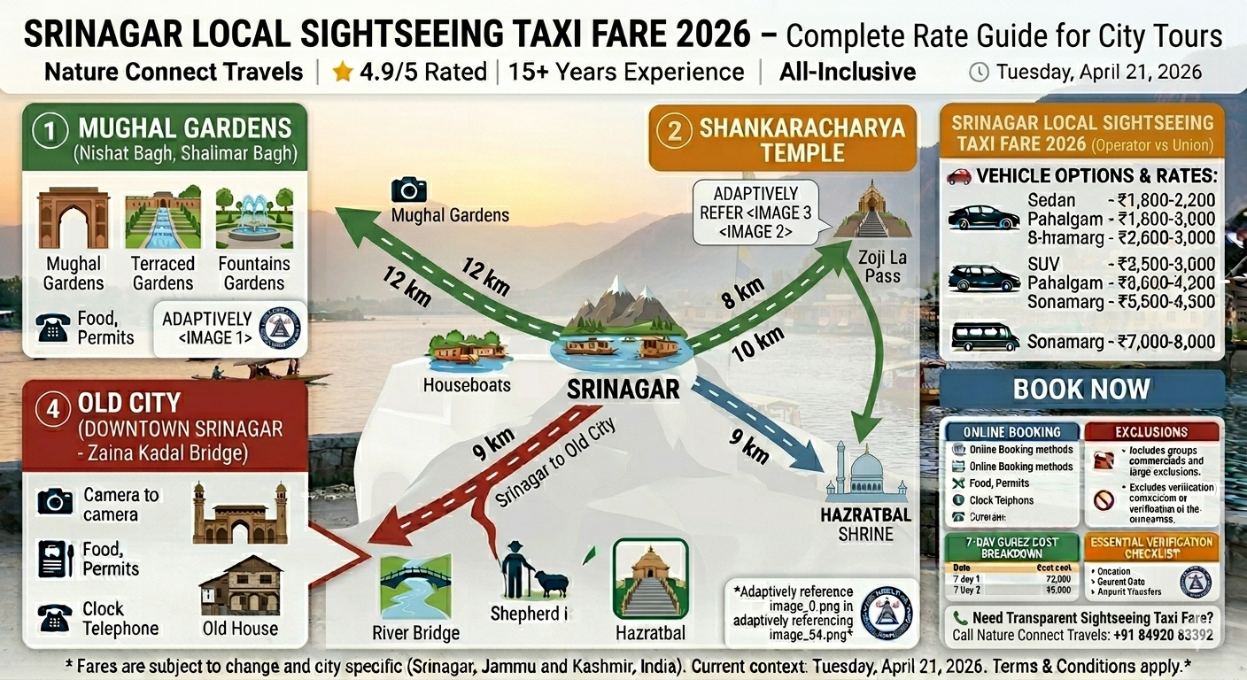 Srinagar local sightseeing taxi fare 2026 comparison - 4 hour rates hatchback ₹1,200-1,600, sedan ₹1,600-2,200, SUV ₹2,200-2,800; 8 hour rates hatchback ₹2,200-2,800, sedan ₹2,600-3,100, SUV ₹3,600-4,500; union rates, extra charges, money-saving tips, booking methods comparison

