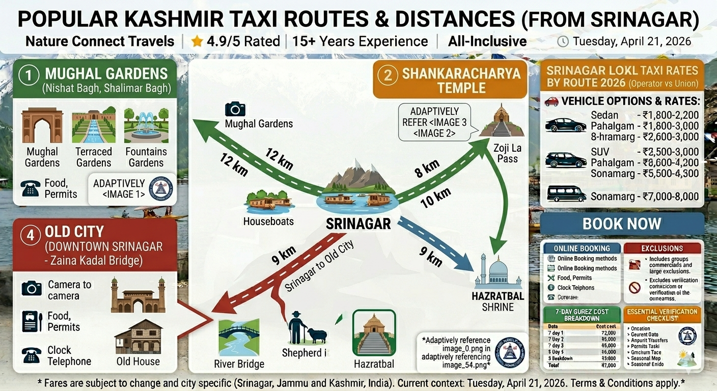 Srinagar local sightseeing taxi route map - Mughal Gardens to Shankaracharya Temple to Hazratbal to Old City