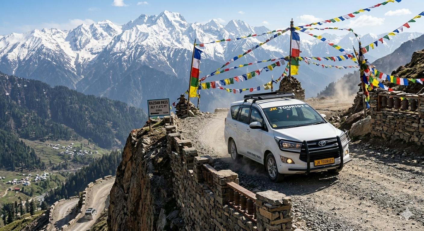 Srinagar to Gurez taxi service 2026 - SUV climbing Razdan Pass with Himalayan views