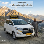 Srinagar to Leh taxi service 2026 route map with SUV at Zojila Pass - distance 434 km, 2-day journey, sedan ₹12,000-15,000, SUV ₹18,000-22,000, tempo traveller ₹27,000-35,000