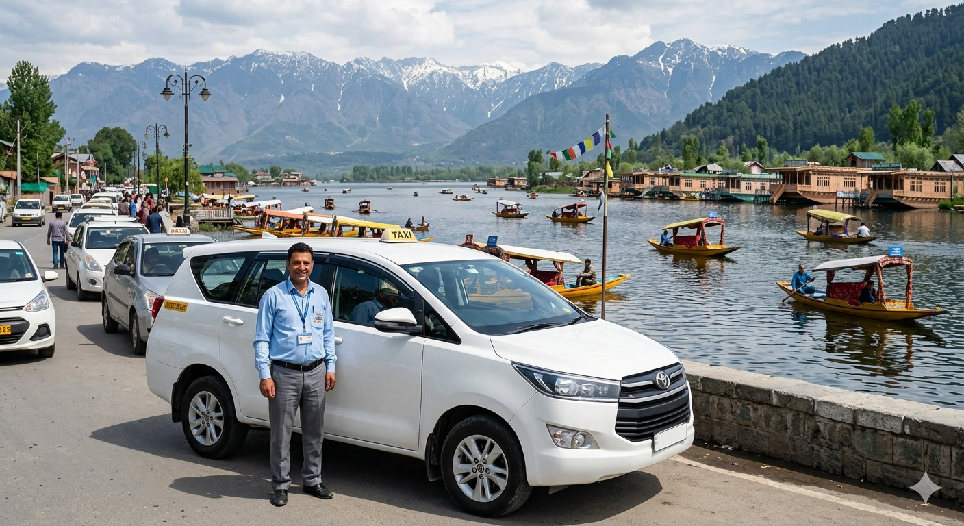 Taxi booking in Srinagar 2026 - Innova taxi at Dal Lake Boulevard with verified driver