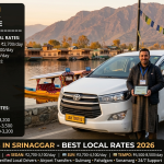 Taxi booking in Srinagar 2026 - white Innova J&K tourist permit taxi at Dal Lake Boulevard with verified Kashmiri driver, daily rates hatchback ₹2,400-2,700, sedan ₹2,700-3,100, SUV ₹3,700-4,100, tempo traveller ₹6,500-8,500