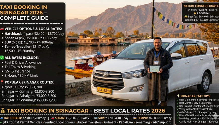 Taxi booking in Srinagar 2026 - white Innova J&K tourist permit taxi at Dal Lake Boulevard with verified Kashmiri driver, daily rates hatchback ₹2,400-2,700, sedan ₹2,700-3,100, SUV ₹3,700-4,100, tempo traveller ₹6,500-8,500