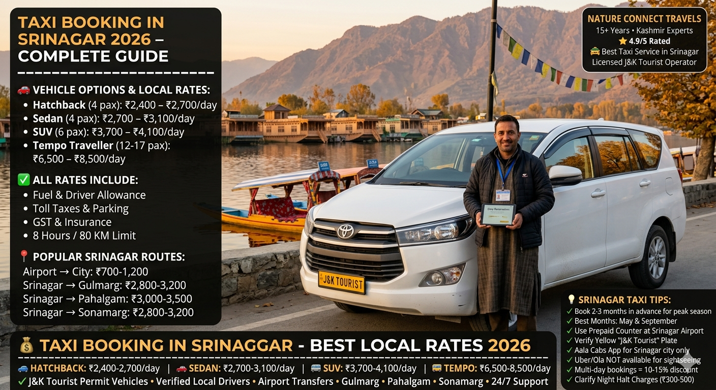 Taxi booking in Srinagar 2026 - white Innova J&K tourist permit taxi at Dal Lake Boulevard with verified Kashmiri driver, daily rates hatchback ₹2,400-2,700, sedan ₹2,700-3,100, SUV ₹3,700-4,100, tempo traveller ₹6,500-8,500