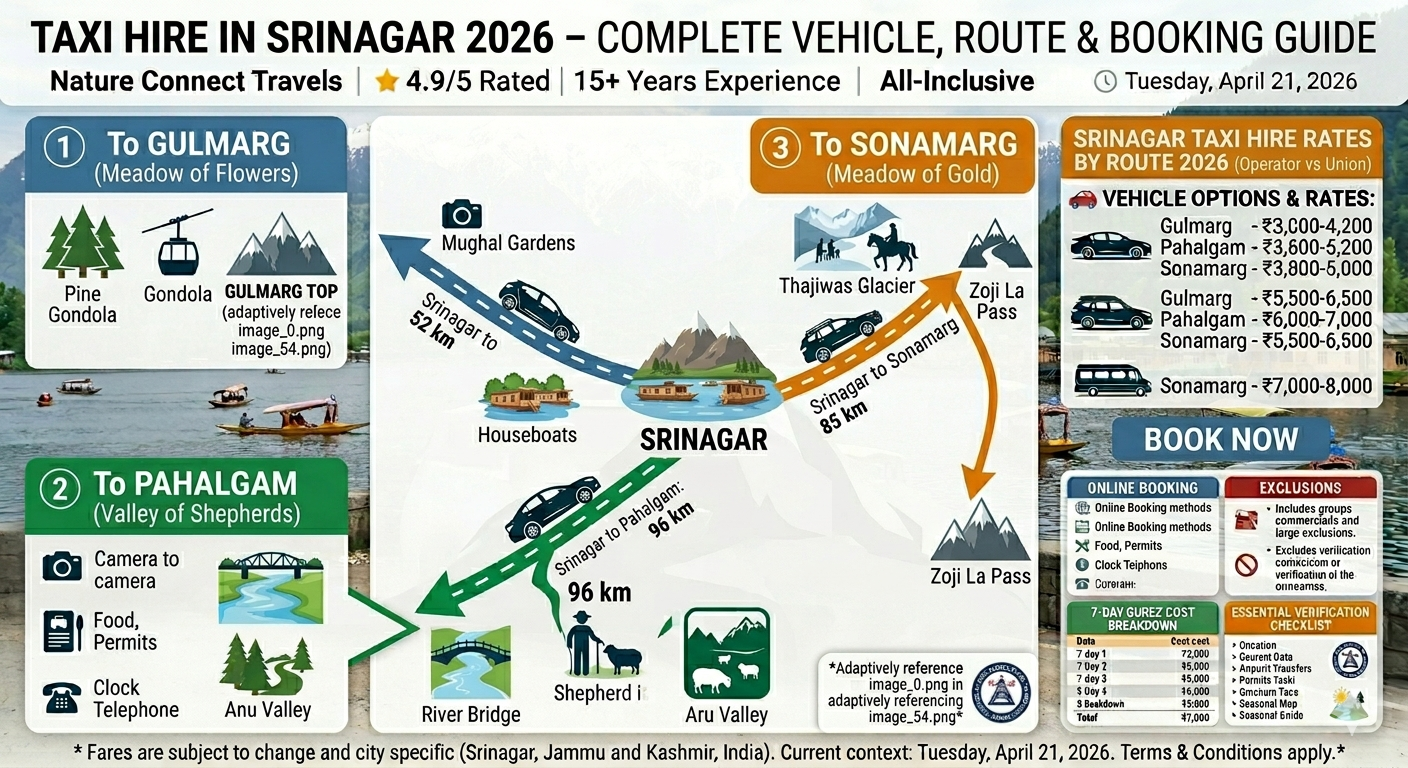 Taxi hire in Srinagar 2026 comparison - hatchback ₹2,200-2,800, sedan ₹2,600-3,000, SUV ₹3,600-4,200, tempo traveller ₹6,500-8,500, route pricing Gulmarg ₹2,800-3,800, Pahalgam ₹3,200-4,000, Sonamarg ₹3,200-4,000, step-by-step hiring guide, extra charges, union rules, red flags, verification checklist

