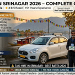 Taxi hire in Srinagar 2026 - white sedan taxi at Dal Lake Boulevard with verified Kashmiri driver, daily hire rates hatchback ₹2,200-2,800, sedan ₹2,600-3,000, SUV ₹3,600-4,200, tempo traveller ₹6,500-8,500