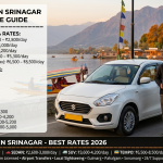 Taxi services in Srinagar 2026 - white sedan taxi at Dal Lake Boulevard with verified Kashmiri driver, daily rates hatchback ₹2,200-2,800, sedan ₹2,600-3,000, SUV ₹3,600-4,200, tempo traveller ₹6,500-8,500