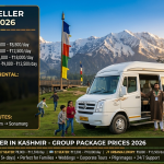 Tempo traveller in Kashmir 2026 - luxury Urbania tempo traveller with happy group at Gulmarg meadow, prices ₹5,500-18,000 per day for 12-22 seaters, perfect for family tours and group travel