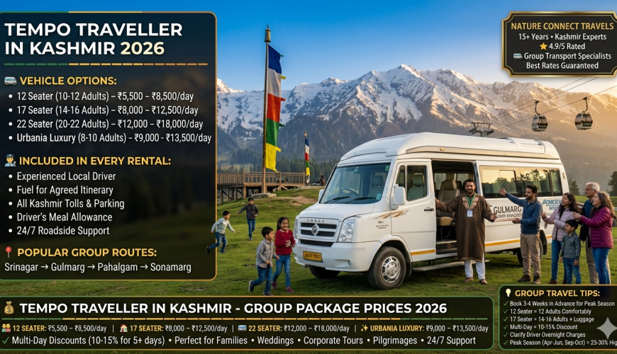 Tempo traveller in Kashmir 2026 - luxury Urbania tempo traveller with happy group at Gulmarg meadow, prices ₹5,500-18,000 per day for 12-22 seaters, perfect for family tours and group travel