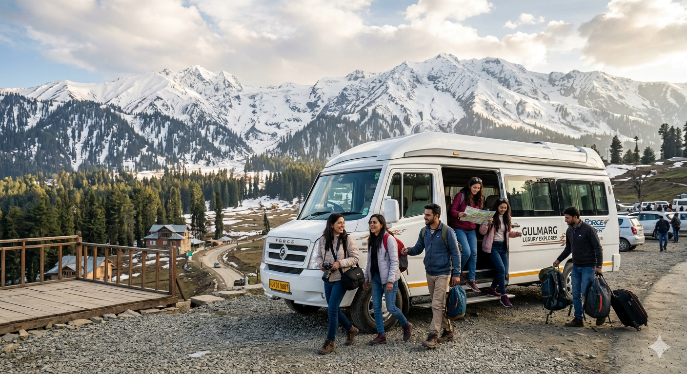 Tempo traveller in Kashmir 2026 - luxury group vehicle at Gulmarg with mountain views