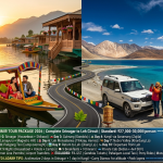 10 days kashmir tour package 2026 - split frame showing Kashmir green side (Dal Lake, shikara, houseboats, sunset) and Ladakh blue side (Pangong Tso, 4x4 SUV, prayer flags, snow peaks), standard package ₹27,000-30,000 per person, complete Srinagar to Leh circuit