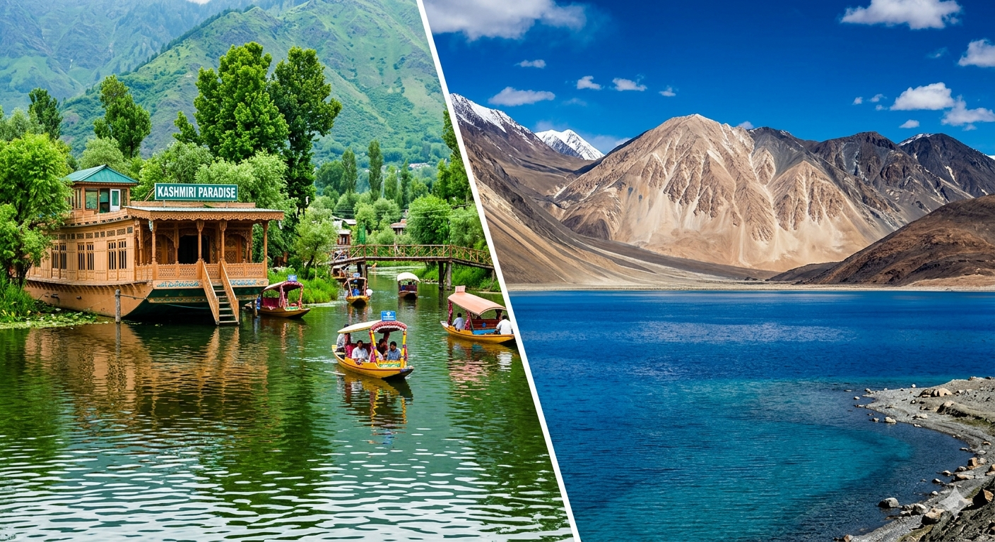 0 days kashmir tour package - collage of Dal Lake houseboat and Pangong Tso blue lake showing Kashmir Ladakh contrast