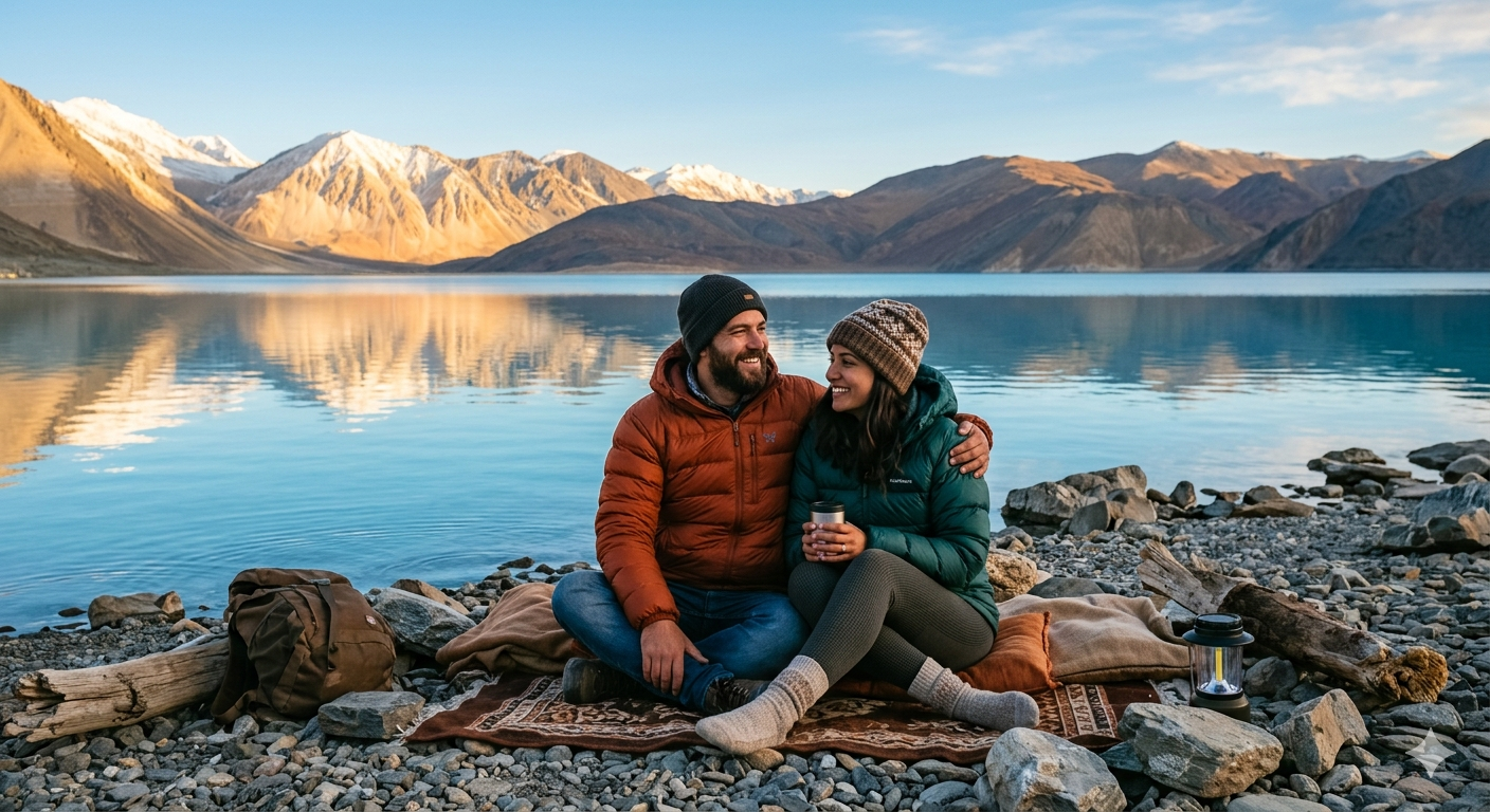 10 days kashmir tour package - couple at Pangong Tso lake during golden hour with mountain reflections