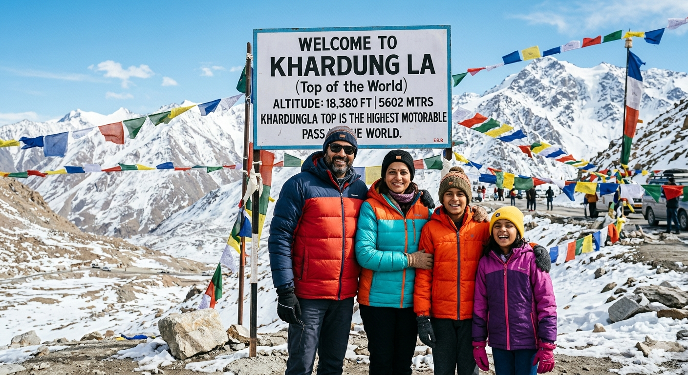 10 days kashmir tour package - family at Khardung La highest motorable road with prayer flags