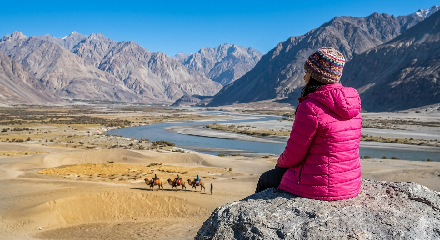 10 days kashmir tour package - girl in warm winter jacket looking at Nubra Valley sand dunes and double-humped camels