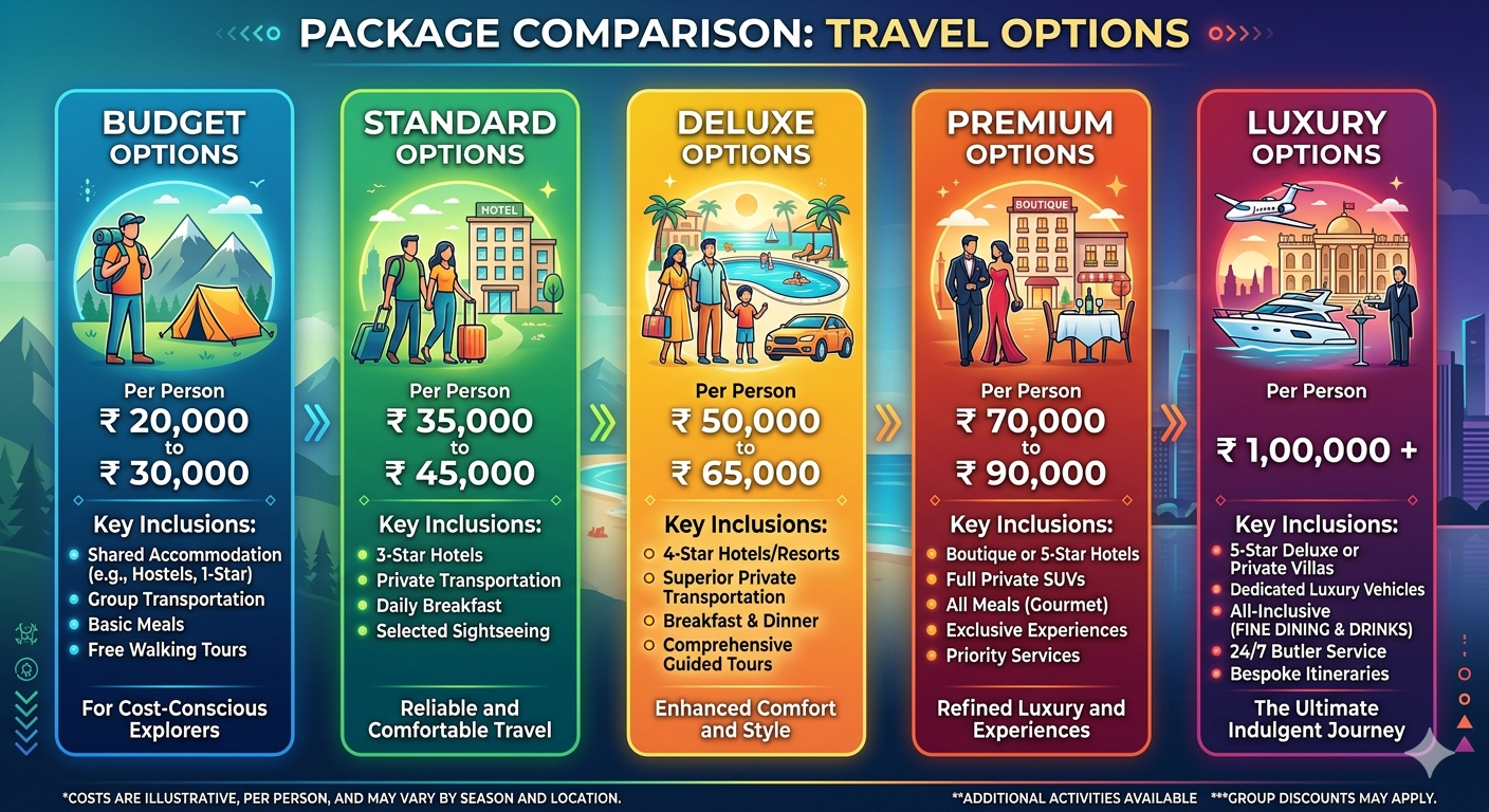 10 days kashmir tour package price comparison chart showing budget standard deluxe premium luxury options with costs