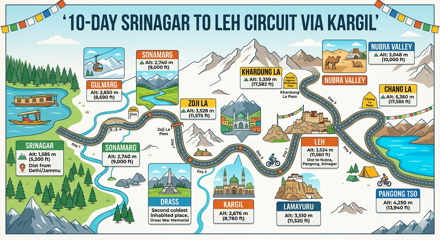 10 days kashmir tour package route map from Srinagar to Leh via Kargil with altitudes and distances
