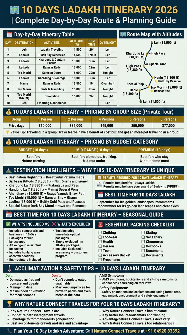 10 days ladakh itinerary 2026 - day by day breakdown Leh to Nubra to Pangong to Hanle to Tso Moriri to Tso Kar, route map with altitudes Khardung La 18,380 ft, Tso Moriri 15,000 ft, group pricing ₹38,000-1,60,000, budget ₹35,000-45,000, mid-range ₹45,000-65,000, premium ₹65,000-85,000, destination highlights, permits required, best time September, packing checklist, acclimatization tips

