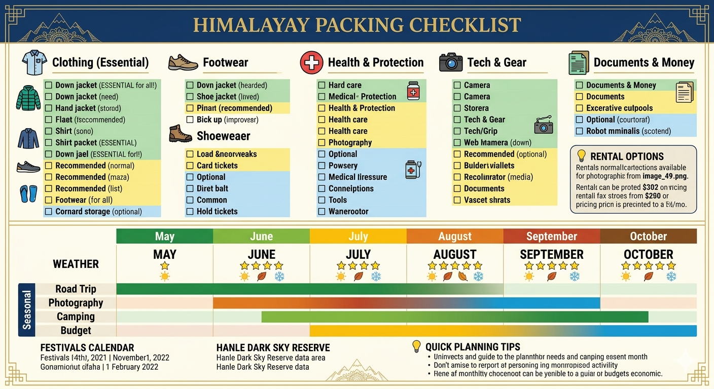 10 days ladakh itinerary packing checklist - thermal base layer down jacket waterproof shoes, 3-4 liters water daily, camera extra batteries, Diamox for altitude, monthly planning calendar May-October, September best for photography and stargazing, Hemis Festival June-July, Hanle Dark Sky Reserve best September

