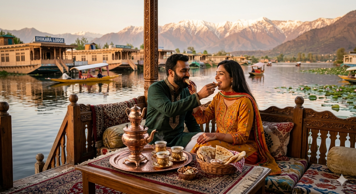4 nights 5 days kashmir honeymoon package with flight - couple having kahwa on houseboat deck overlooking Dal Lake