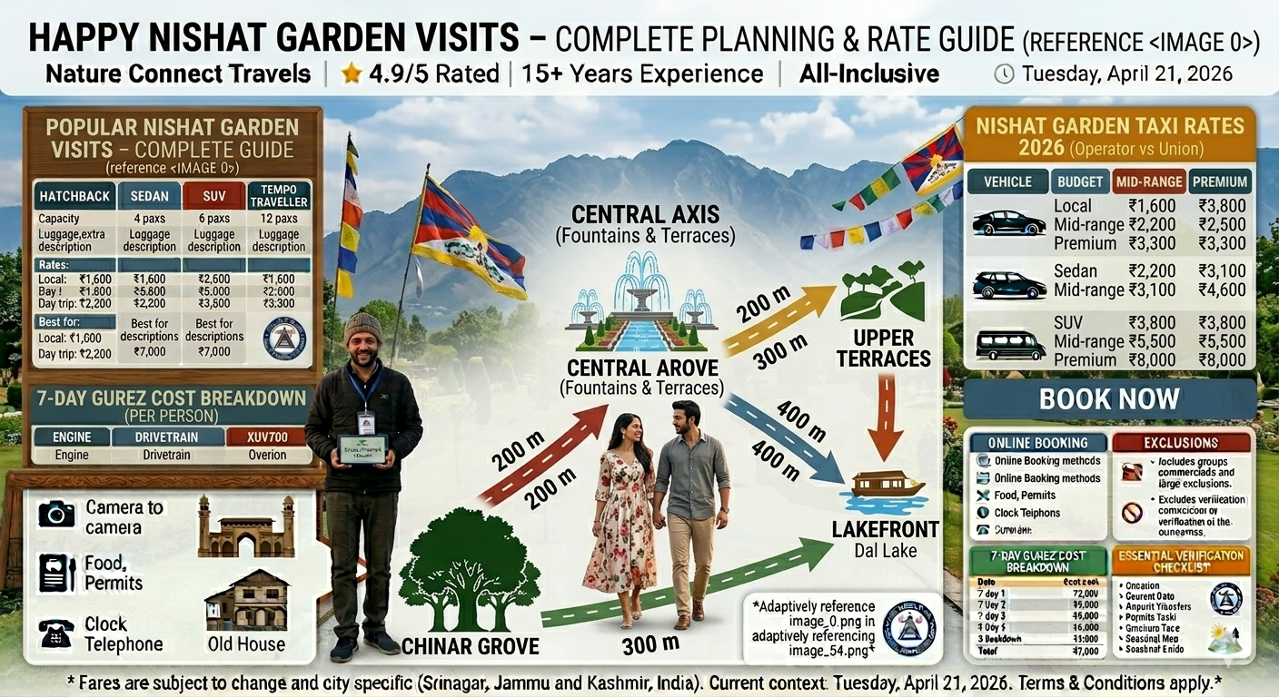 4 nights 5 days kashmir honeymoon package with flight - couple walking through Nishat Garden with mountains behind