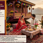 4 nights 5 days kashmir honeymoon package with flight - romantic couple on houseboat at Dal Lake sunset, bride in red Kashmiri suit groom in cream sherwani, copper samovar kahwa, tulips, musicians on shikara playing harmonium tabla, Zabarwan mountains, standard package from Delhi ₹29,400 per person, deluxe ₹34,500, premium ₹42,500, luxury ₹55,000