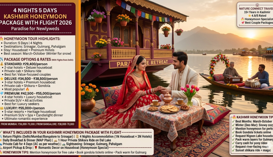 4 nights 5 days kashmir honeymoon package with flight - romantic couple on houseboat at Dal Lake sunset, bride in red Kashmiri suit groom in cream sherwani, copper samovar kahwa, tulips, musicians on shikara playing harmonium tabla, Zabarwan mountains, standard package from Delhi ₹29,400 per person, deluxe ₹34,500, premium ₹42,500, luxury ₹55,000